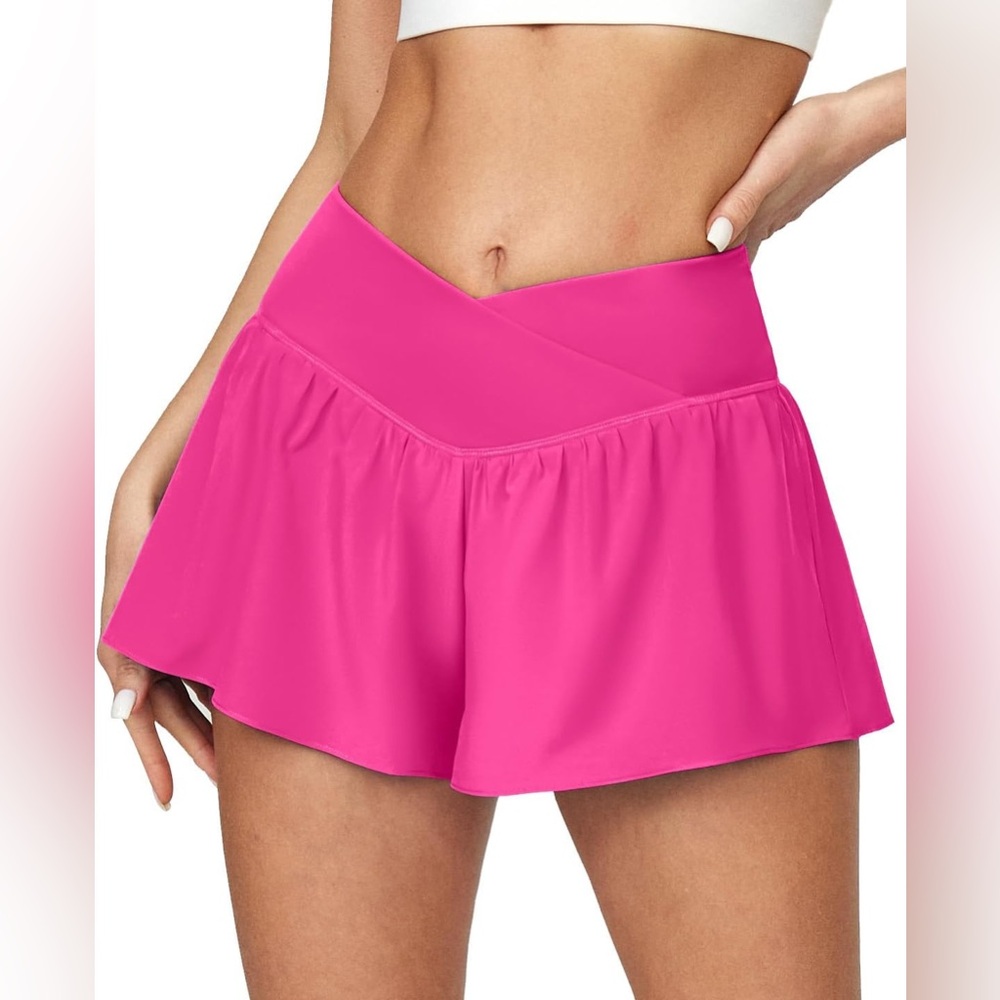 Girls Yogalicious® 2pk. Hybrid Crossover Shorts - Size 12 (fuchsia and orange)